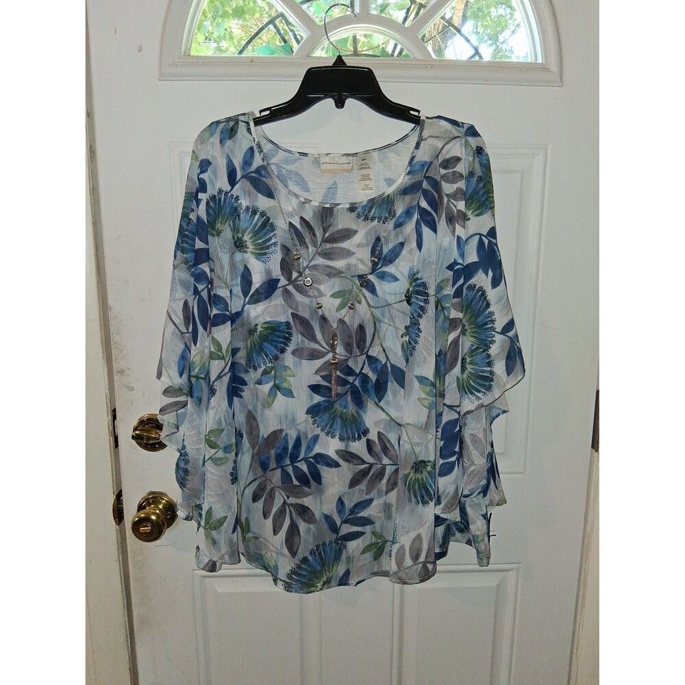 Women's Top 22W by Alfred Dunner Attached Sheer Poncho & Silver Necklace - Picture 3 of 9